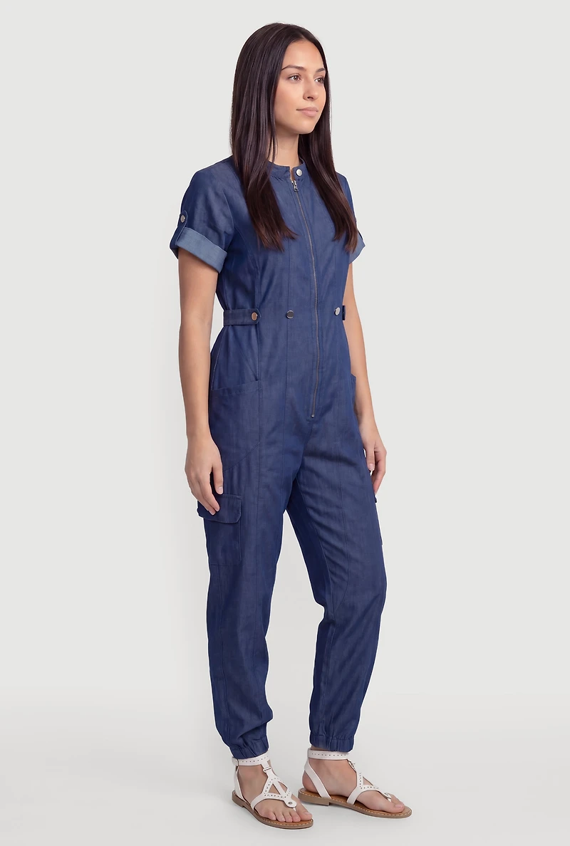 Tab Sleeve Zip Front Cargo Pocket Jumpsuit