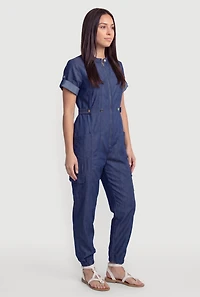 Tab Sleeve Zip Front Cargo Pocket Jumpsuit
