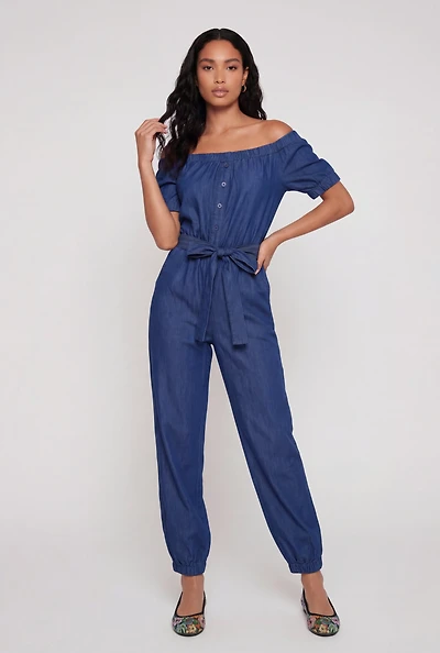 Chambray Tie Waist Belted Off The Shoulder Jumpsuit