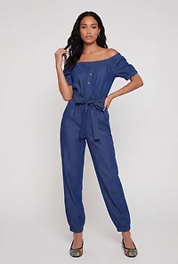 Chambray Tie Waist Belted Off The Shoulder Jumpsuit