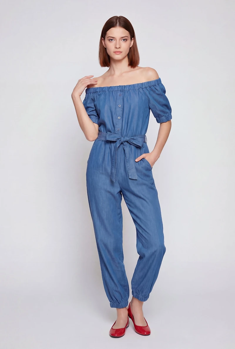Chambray Tie Waist Belted Off The Shoulder Jumpsuit