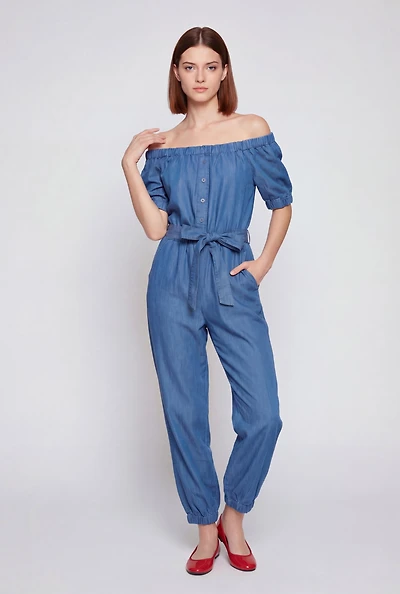 Chambray Tie Waist Belted Off The Shoulder Jumpsuit