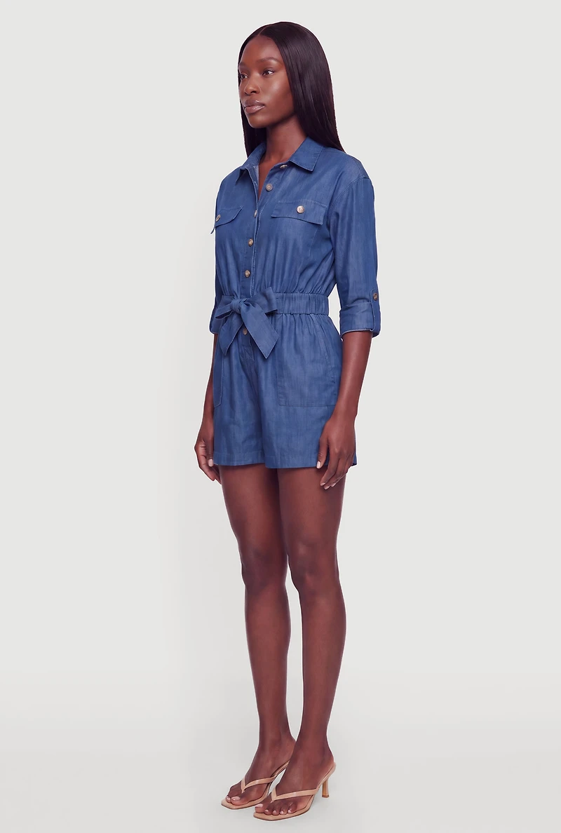 Chambray Button Front Tie Waist Belted Romper