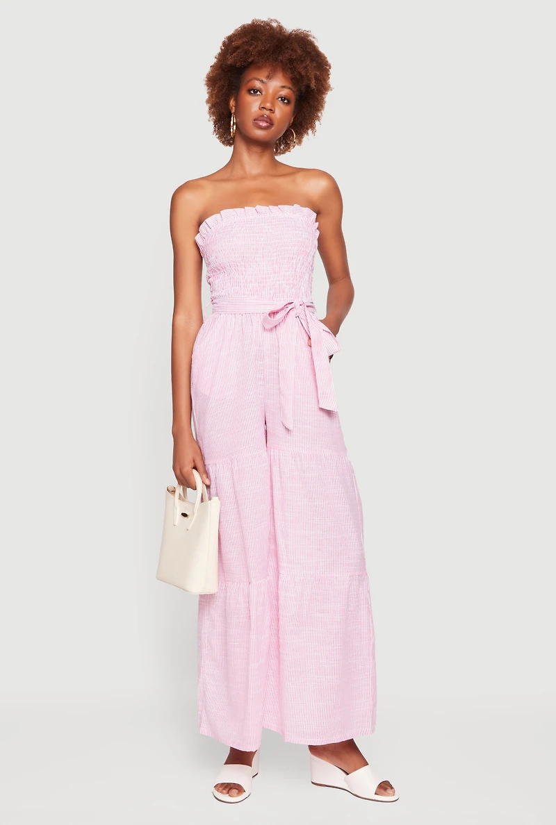 Pinstripe Tie Waist Belted Ruffle Tiered Tube Jumpsuit