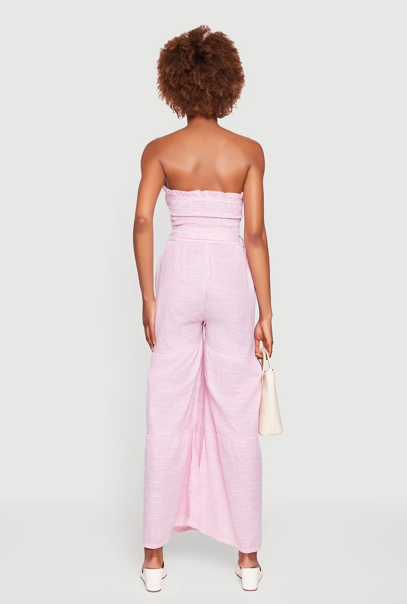 Pinstripe Tie Waist Belted Ruffle Tiered Tube Jumpsuit
