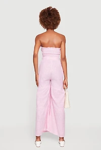 Pinstripe Tie Waist Belted Ruffle Tiered Tube Jumpsuit