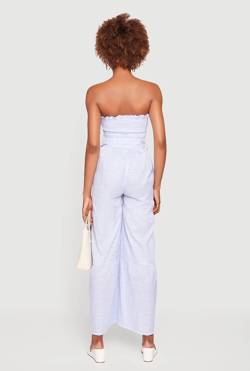 Pinstripe Tie Waist Belted Ruffle Tiered Tube Jumpsuit