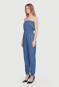 Smocked Detail Strapless Denim Jumpsuit