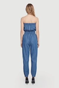 Smocked Detail Strapless Denim Jumpsuit
