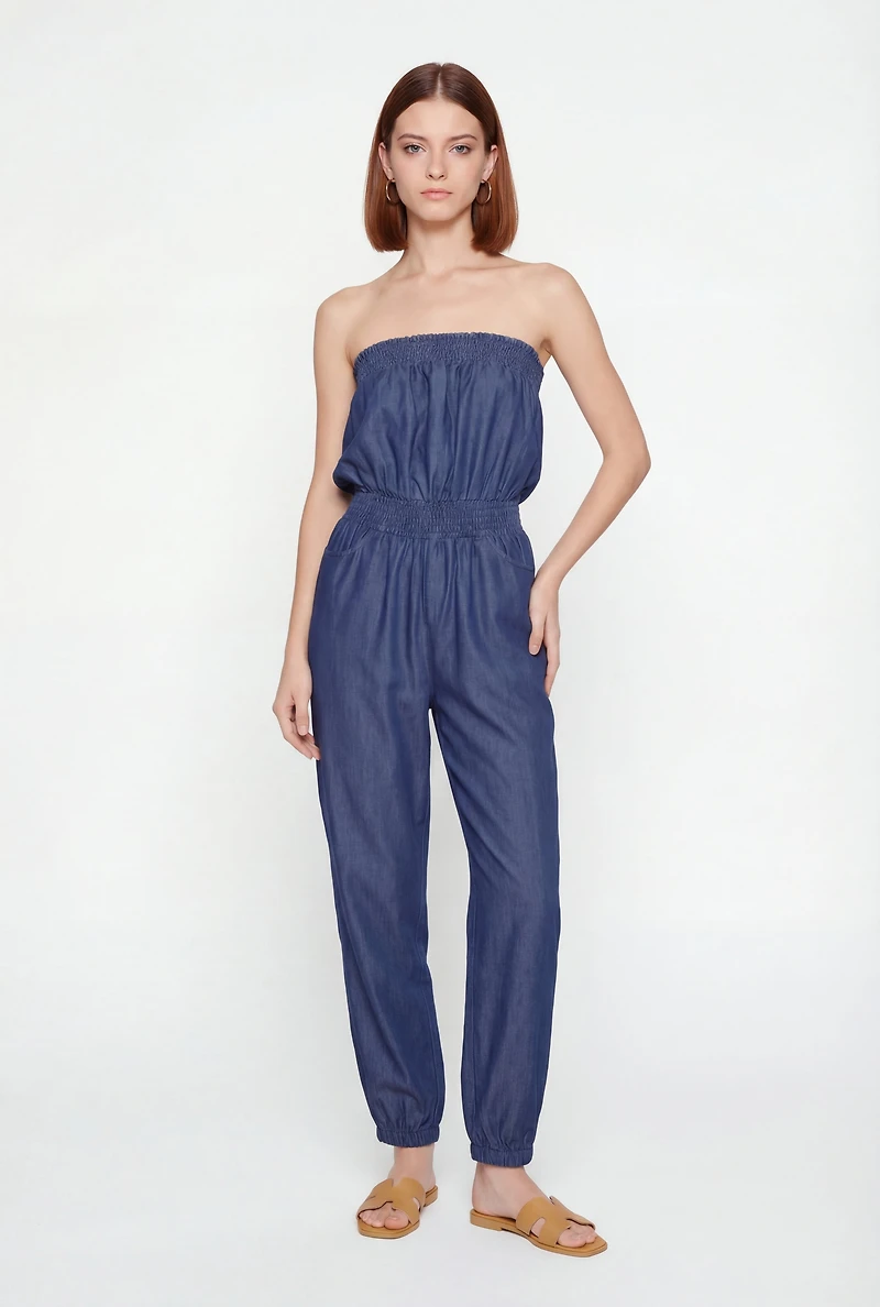 Smocked Detail Strapless Denim Jumpsuit