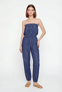 Smocked Detail Strapless Denim Jumpsuit