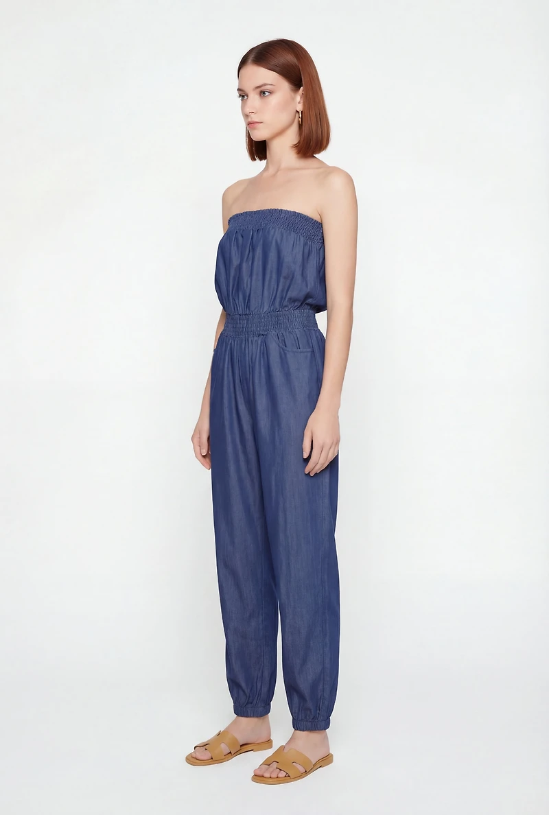 Smocked Detail Strapless Denim Jumpsuit