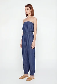Smocked Detail Strapless Denim Jumpsuit
