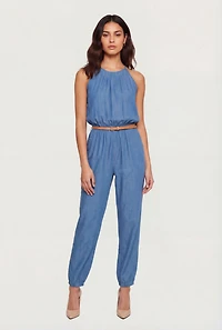 Denim Keyhole Back Jumpsuit with Belt