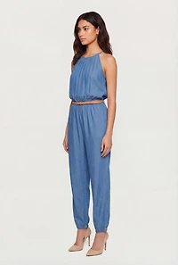 Denim Keyhole Back Jumpsuit with Belt