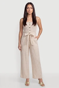 Striped Tie Waist Belted Smocked Tube Jumpsuit