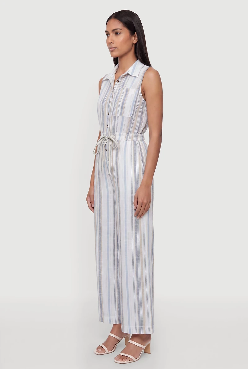 Striped Drawstring Waist Button Front Jumpsuit