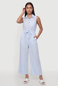 Striped Drawstring Waist Button Front Jumpsuit