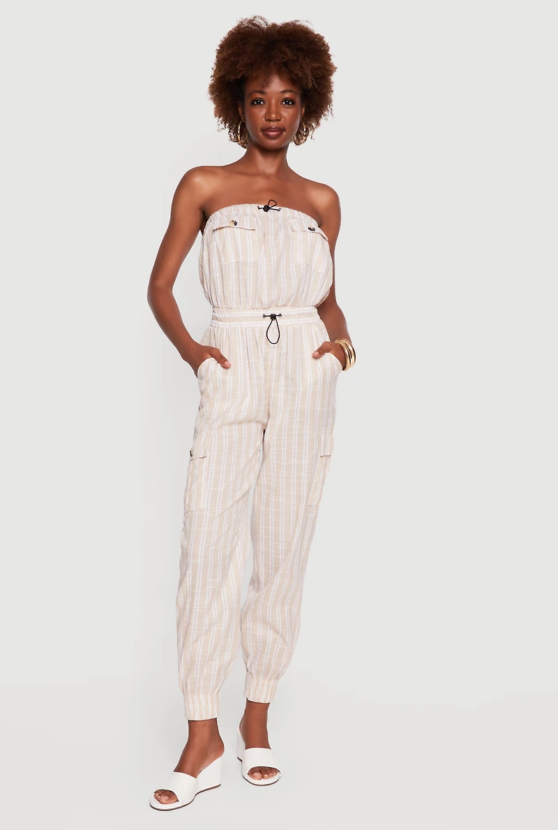 Striped Toggle Drawstring Cargo Pocket Jumpsuit