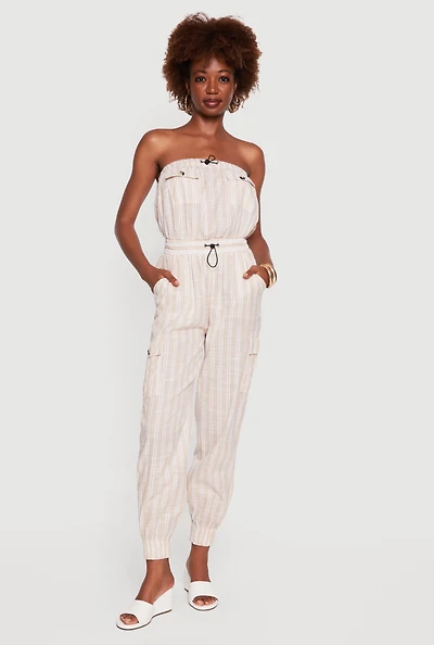 Striped Toggle Drawstring Cargo Pocket Jumpsuit