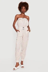 Striped Toggle Drawstring Cargo Pocket Jumpsuit