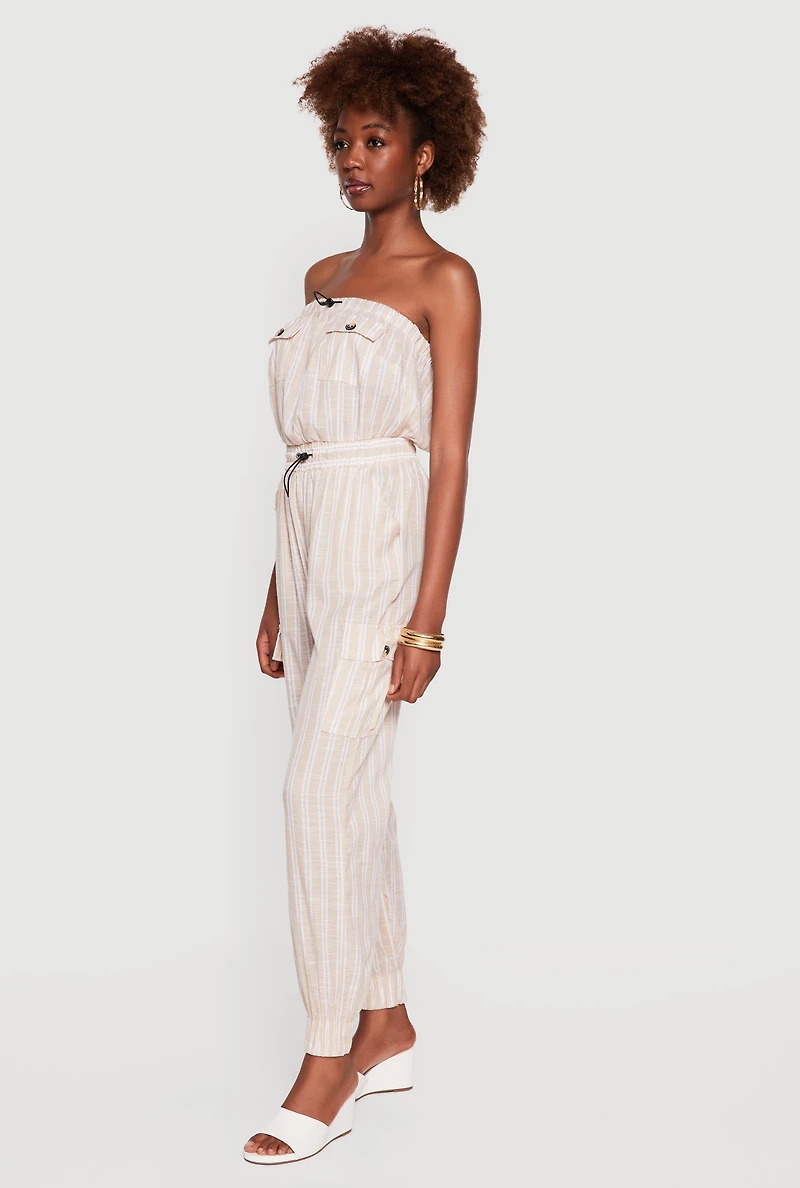 Striped Toggle Drawstring Cargo Pocket Jumpsuit