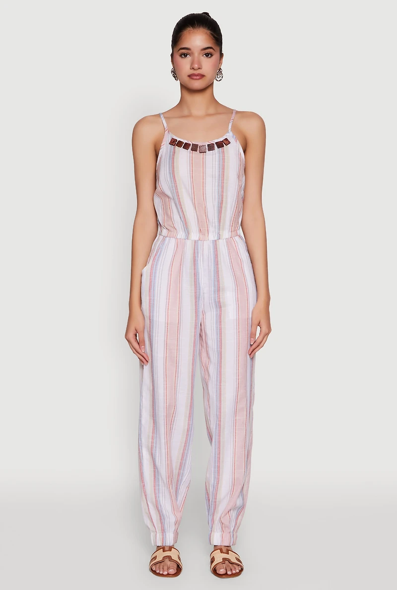 Womens Wooden Beaded Scoop Neck Striped Jumpsuit, Multi, Size L