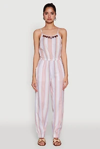Womens Wooden Beaded Scoop Neck Striped Jumpsuit, Multi, Size L