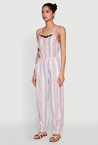 Womens Wooden Beaded Scoop Neck Striped Jumpsuit, Multi, Size L