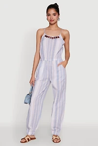 Womens Wooden Beaded Scoop Neck Striped Jumpsuit,
