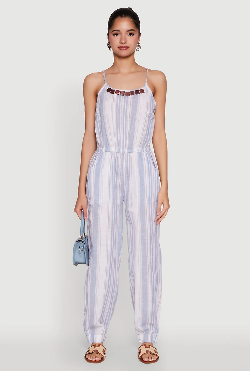 Womens Wooden Beaded Scoop Neck Striped Jumpsuit, Blue, Size S