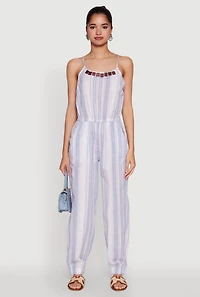 Womens Wooden Beaded Scoop Neck Striped Jumpsuit, Blue, Size S