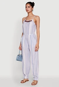 Womens Wooden Beaded Scoop Neck Striped Jumpsuit,