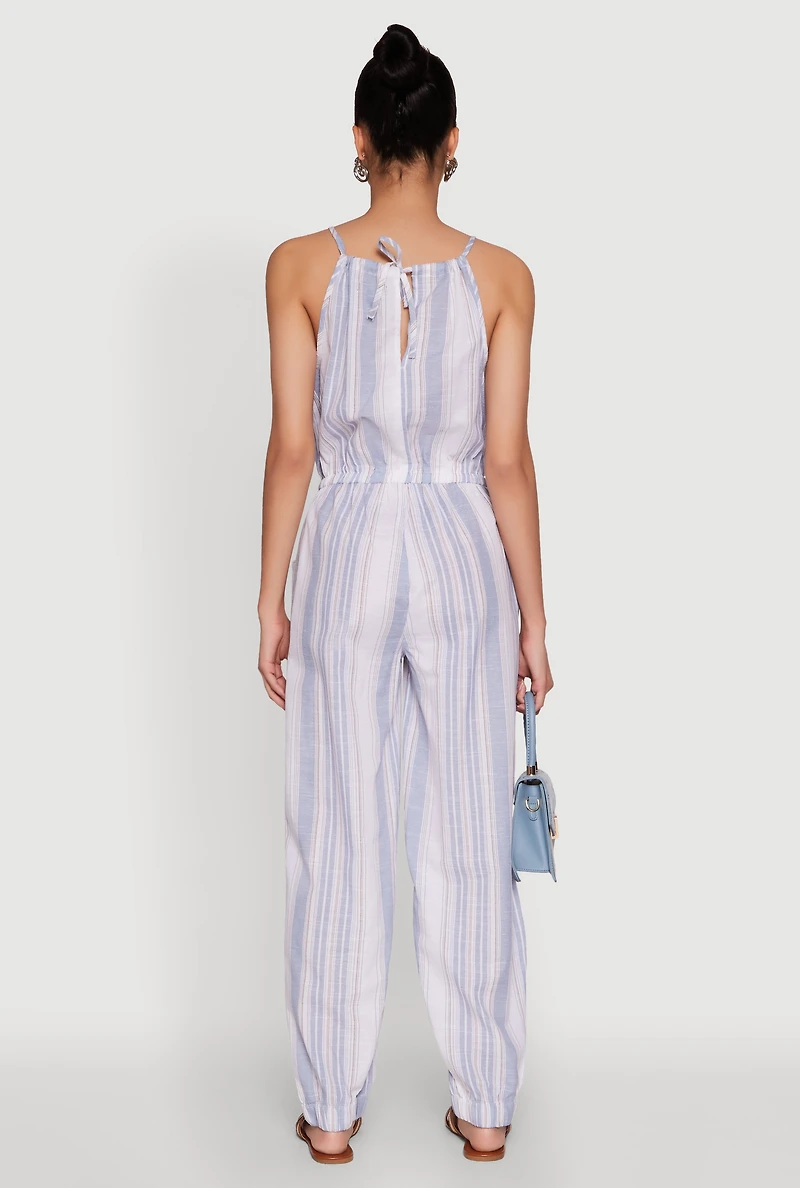 Womens Wooden Beaded Scoop Neck Striped Jumpsuit, Blue, Size S