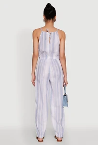 Womens Wooden Beaded Scoop Neck Striped Jumpsuit, Blue, Size S