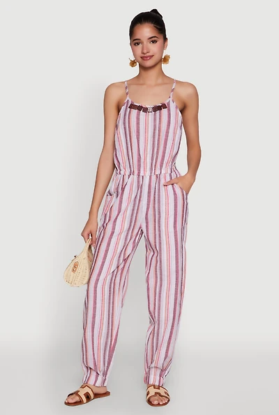 Womens Wooden Beaded Scoop Neck Striped Jumpsuit, Multi, Size M