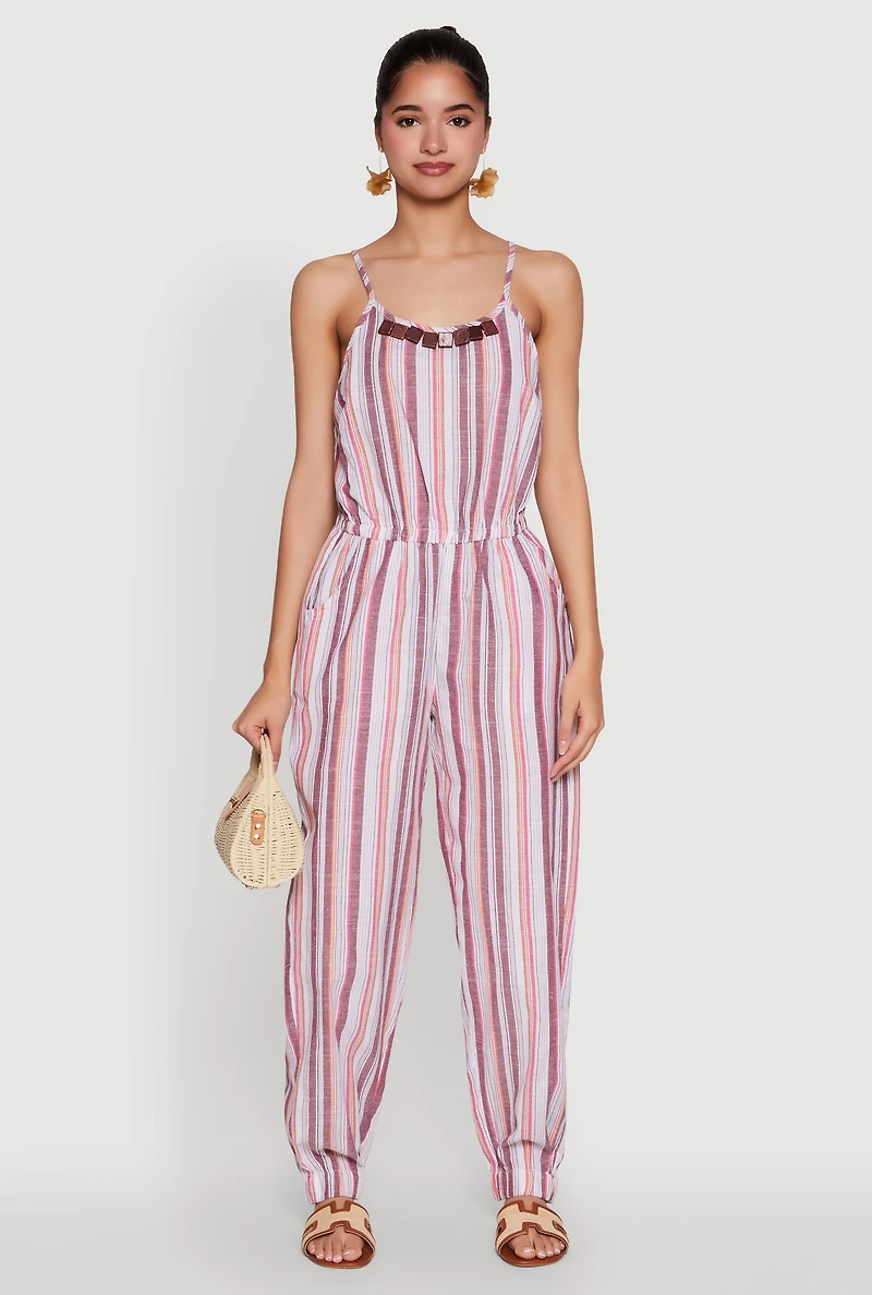 Womens Wooden Beaded Scoop Neck Striped Jumpsuit, Multi, Size XL