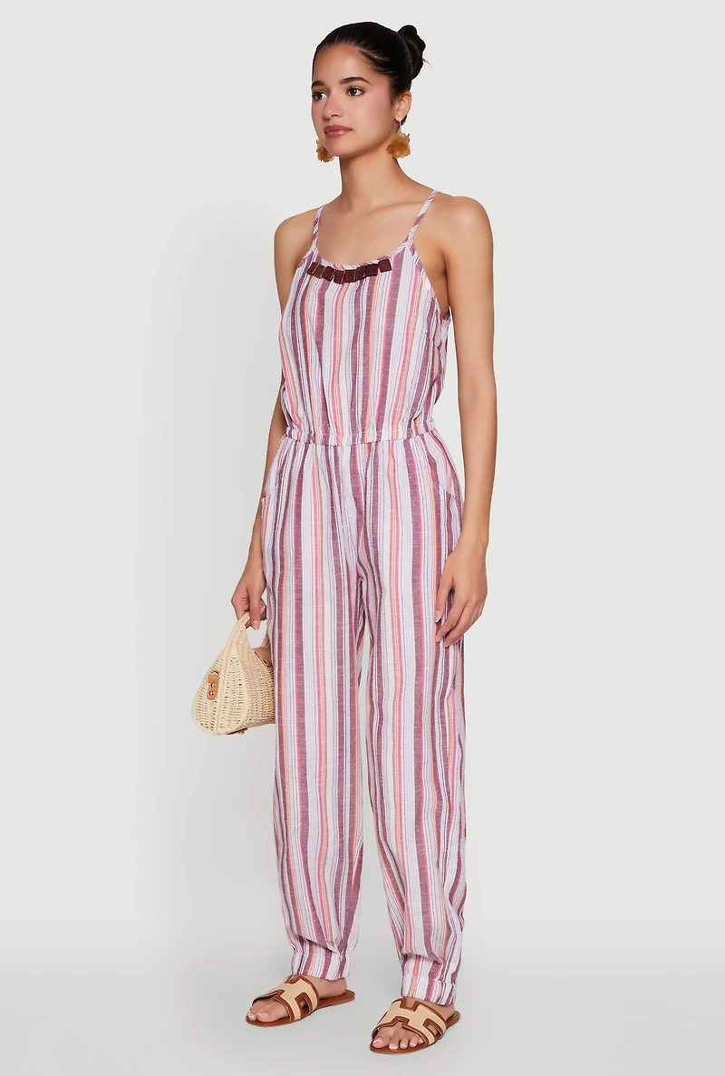 Womens Wooden Beaded Scoop Neck Striped Jumpsuit, Multi, Size XL