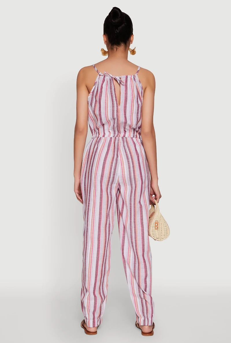 Womens Wooden Beaded Scoop Neck Striped Jumpsuit, Multi, Size XL
