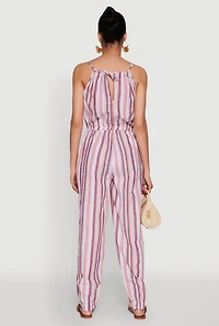 Womens Wooden Beaded Scoop Neck Striped Jumpsuit, Multi, Size XL