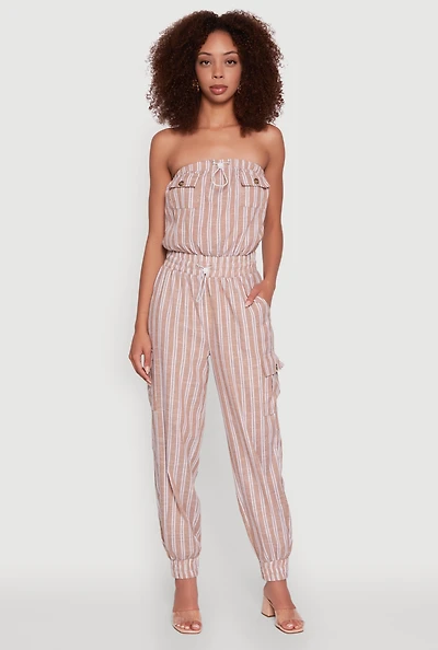 Womens Stylish Striped Utility Jumpsuit with Drawstring Waist,