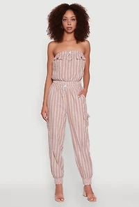 Womens Stylish Striped Utility Jumpsuit with Drawstring Waist,