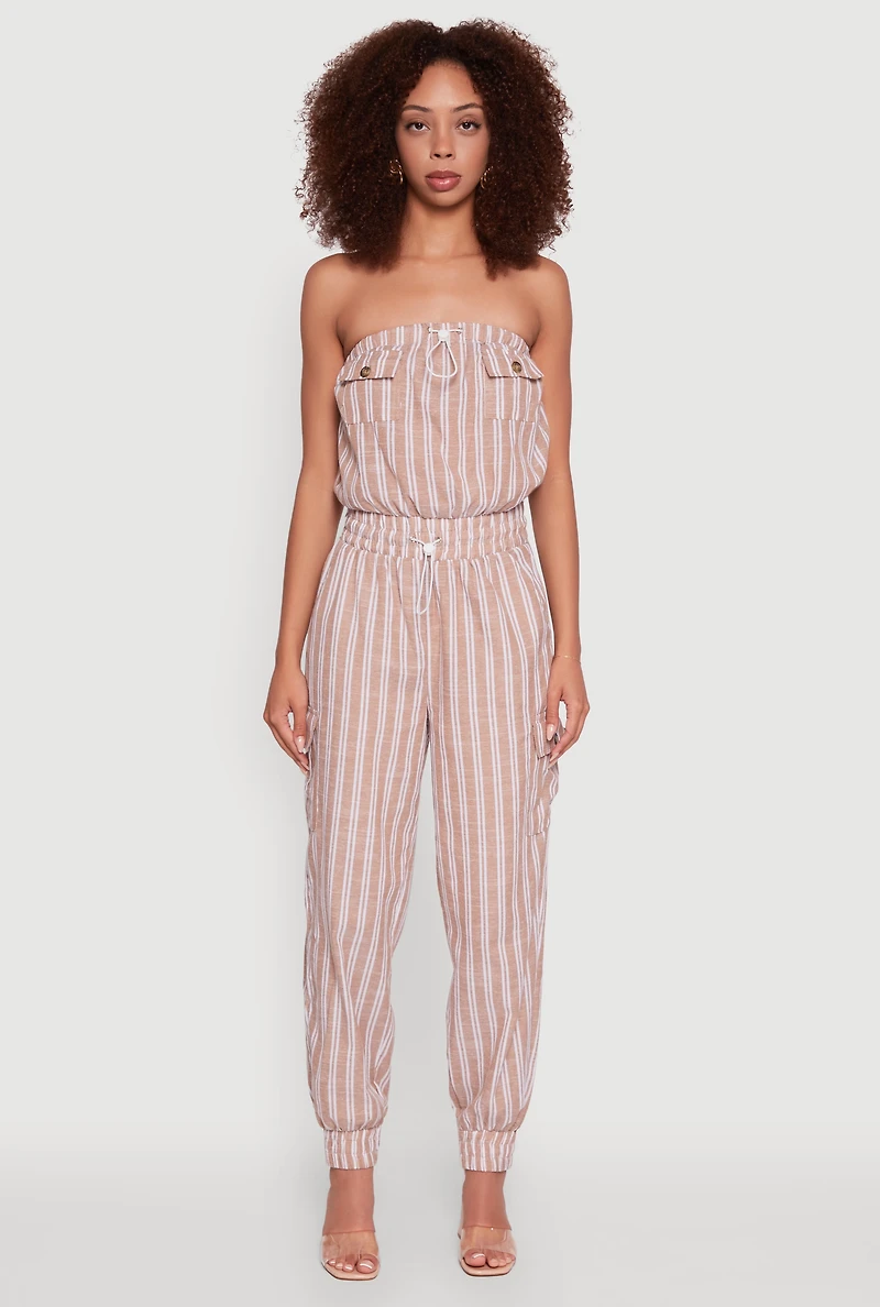 Womens Stylish Striped Utility Jumpsuit with Drawstring Waist, M