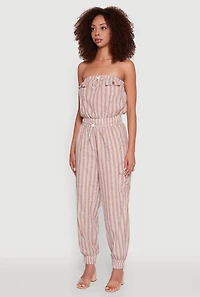 Womens Stylish Striped Utility Jumpsuit with Drawstring Waist,