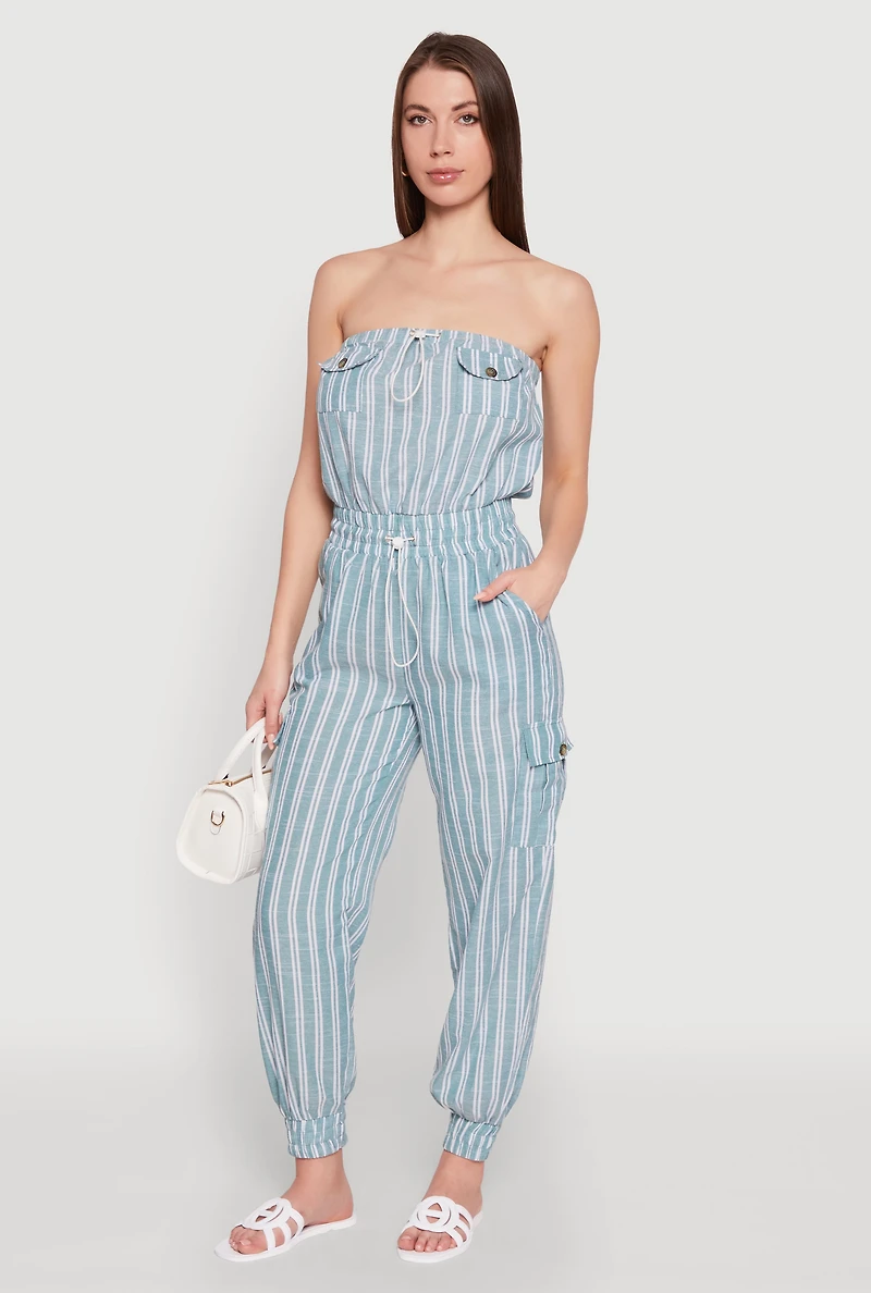 Womens Stylish Striped Utility Jumpsuit with Drawstring Waist, Green,