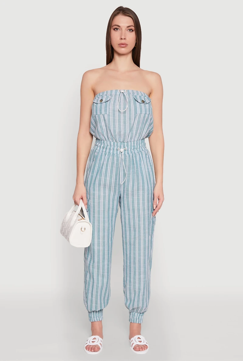 Womens Stylish Striped Utility Jumpsuit with Drawstring Waist, Green,
