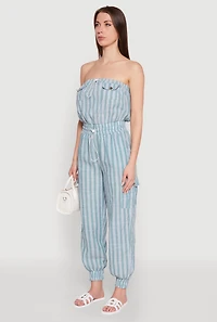 Womens Stylish Striped Utility Jumpsuit with Drawstring Waist, Green,