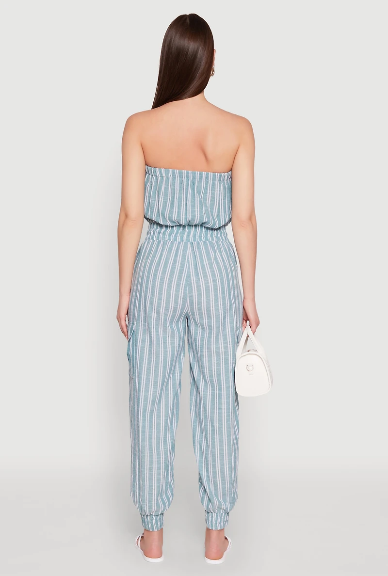 Womens Stylish Striped Utility Jumpsuit with Drawstring Waist, Green,