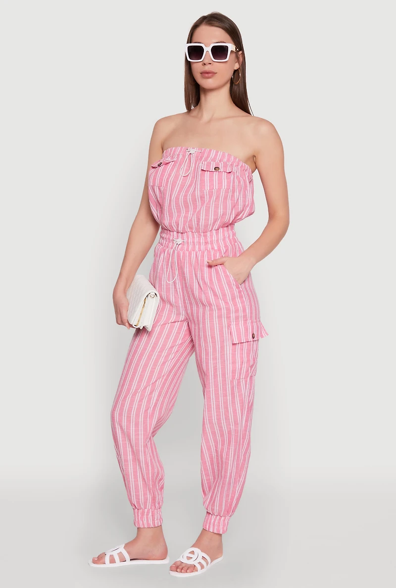 Womens Stylish Striped Utility Jumpsuit with Drawstring Waist, Pink, Size XL