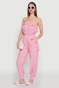 Womens Stylish Striped Utility Jumpsuit with Drawstring Waist, Pink, Size L
